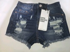 NWT Almost Famous Super High Rise Distressed Denim Shorts Size 0 Dark Wash