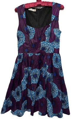 Patricia Nama Batik Print Dress S/M Purple Teal Boho Hippy Cotton Lined Sundress