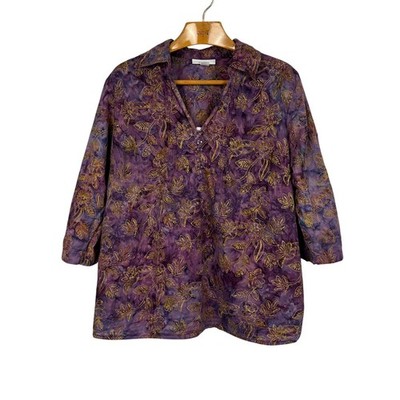 Dressbarn Woman Batik Floral Tunic Top 18/20 Purple Gold 100% Cotton 3/4 Sleeve