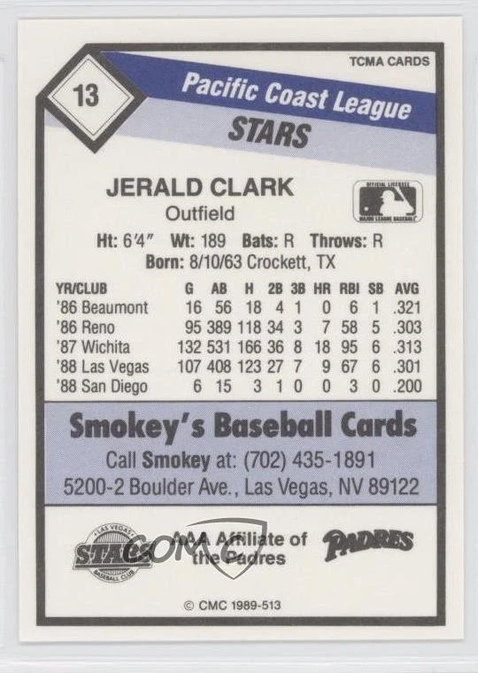 1989 CMC AAA Jerald Clark #1989-513 Rookie RC - Image 2 of 2