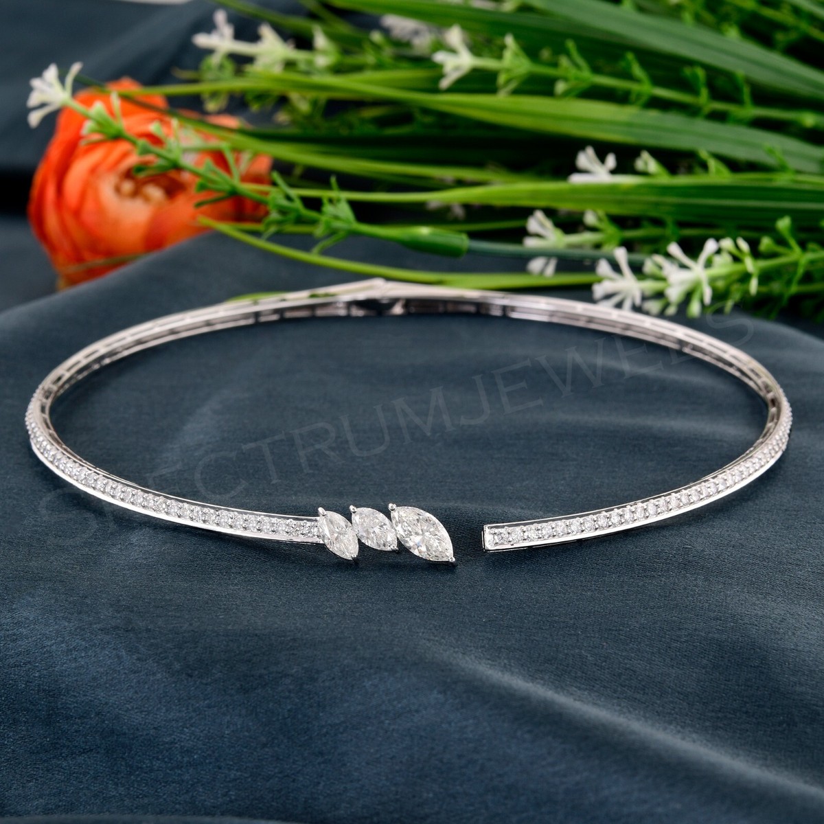 H/SI Marquise Diamond Choker Necklace 14k White Solid Gold Jewelry