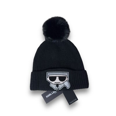 Karl Lagerfeld Paris Beanie Women\'s One Size Black Knit Pom‎ Rhinestone Logo Klp Logo Stud Faux Fur Pom Hat | Karl Lagerfeld Paris main image 4
