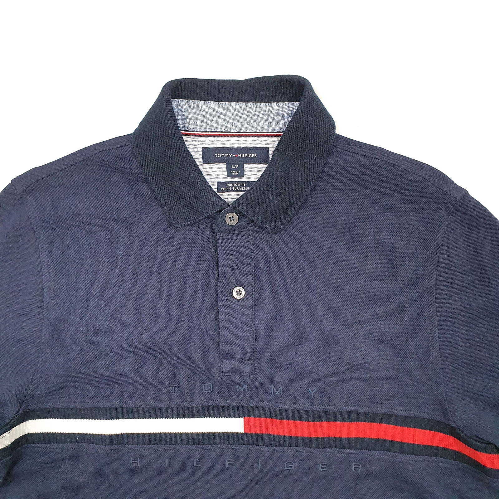 TOMMY HILFIGER Navy Polo Shirt Spellout Short Sleeve Cotton Mens S image 3
