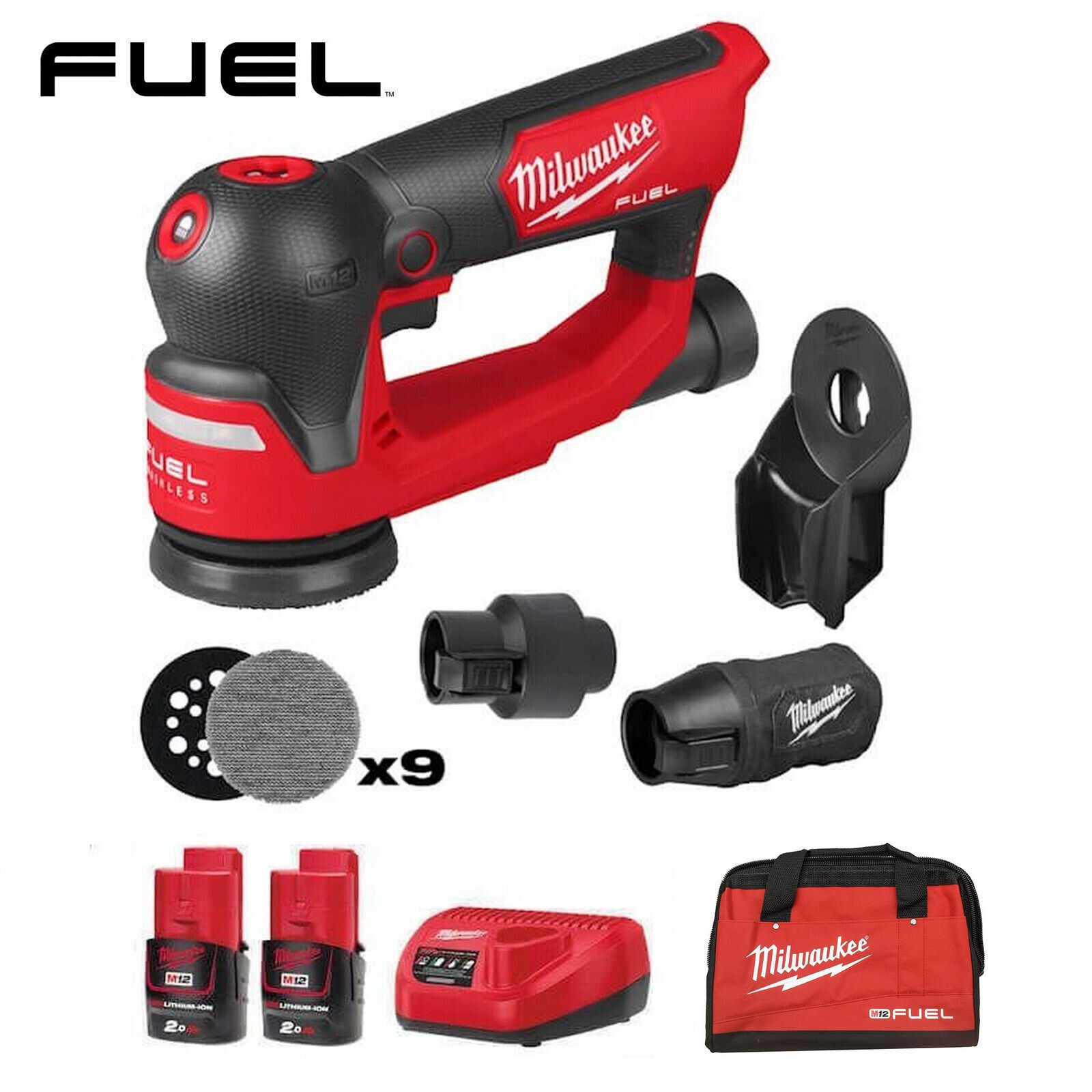 Milwaukee M12FSDR75-202B 12V Fuel Brushless 75mm Random Orbital Sander Kit 2X2.0