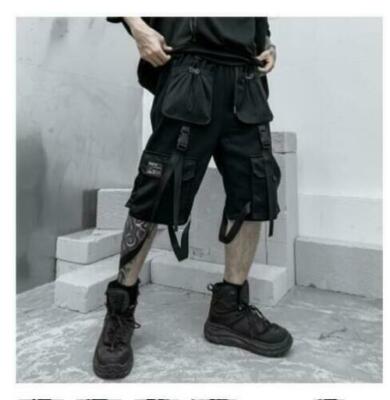 Casual Youth Short Pant Men Loose Punk Buckle Strap Overalls Beach