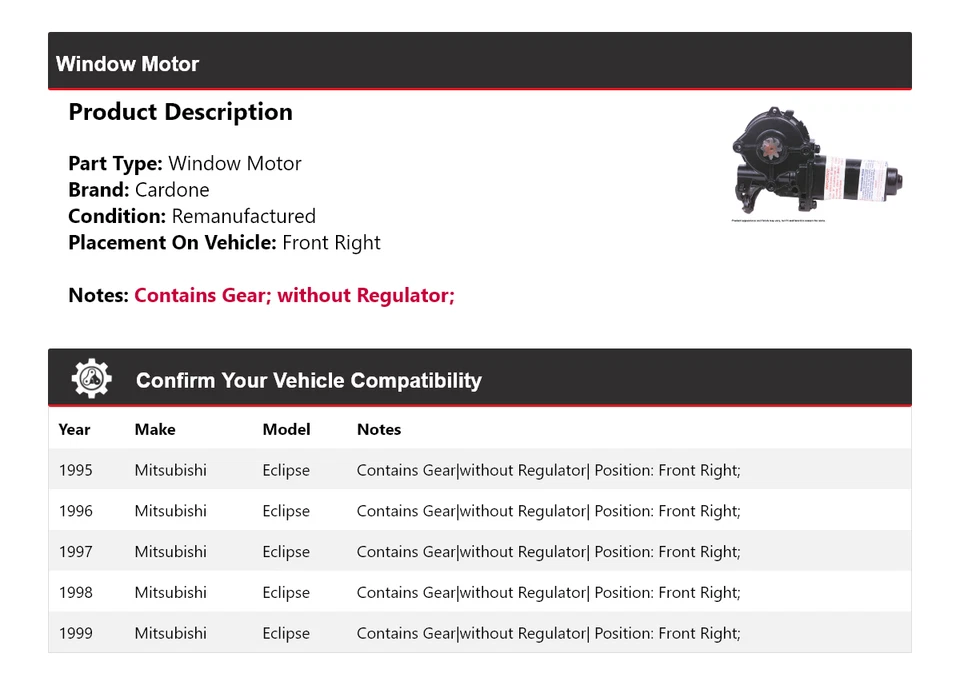 Motor ventana delantera derecha cardone 1996 1997 1998 para Mitsubishi Eclipse 1995-1999 Foto 2 de 4