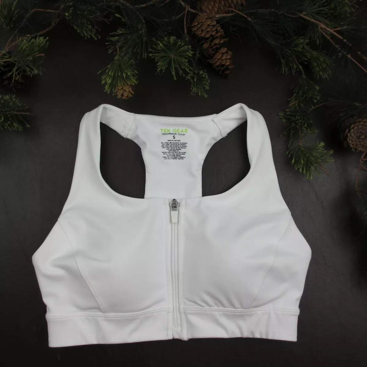 Tek Gear Sports Bra Size S White Padded Wireless Race Back Zip Front