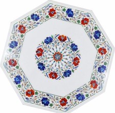 18" Marble Table Top Semi Precious Stones Floral Inlay Handmade Work