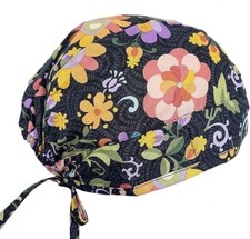 Black Vibrant Flower Power Batik Doctor Nurse Vet Scrub Cap Hat RN