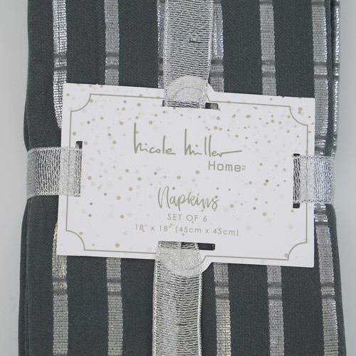 NICOLE MILLER HOME Set 6 TOVAGLIOLI STOFFA GRIGIO SCURO con STRISCE Metallizzate ARGENTO - Foto 2 di 5