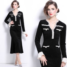 Womens V-neck Long Sleeve Party Fishtail Skirt Long Dress Slim Fit Party Club