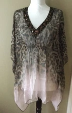 BASLER Sheer Silk Animal Print Top Tunic Brown nuetral Beaded V neck S  NEW