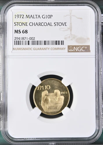 Only 1 better! Malta 1972 Gold 10 Pounds NGC MS68 Stone Charcoal Stove