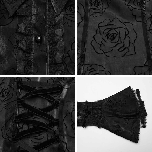 PUNK RAVE Traumhafte Gothic Bluse Chiffon Dream Schwarz Transparent Rosenmuster - Picture 9 of 9