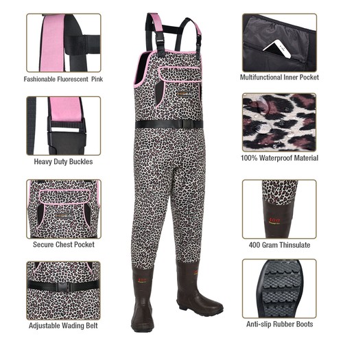 HISEA Women's Chest Waders 400G Insulated Bootfoot Fishing Hunting Leopard Wader - Picture 19 of 33