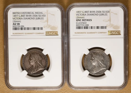 1897 British Historical Silver Medals BHM-3506 Queen Victoria NGC AU58 & Unc Det
