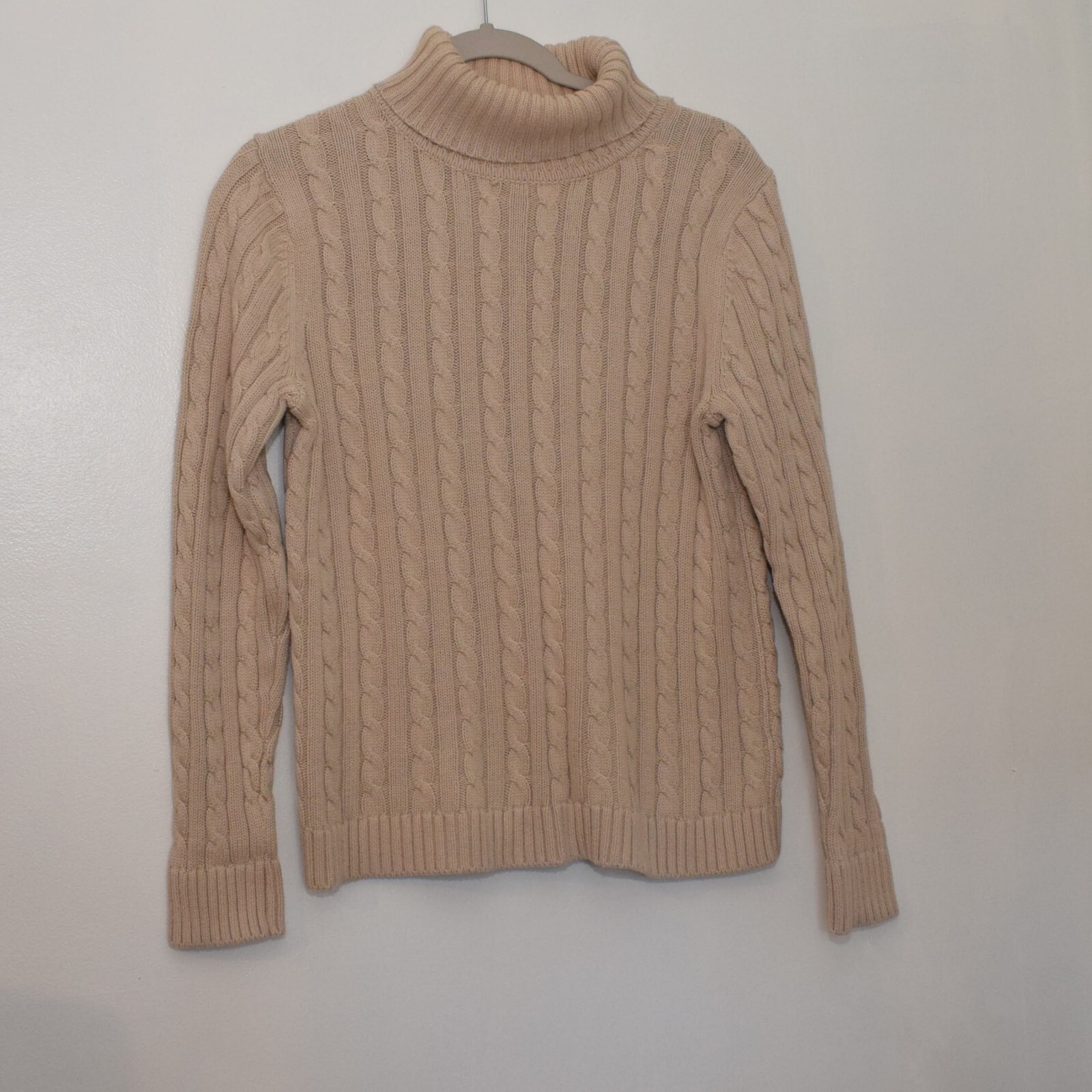 LL Bean Turtle Neck Cable Knit Womens Pullover Sweater Size M Medium Cream Ivory