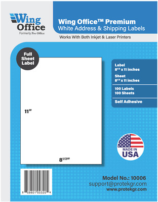 Wing Office Premium Shipping Labels Made in USA Self Adhesive 8.5'' x 11'' sheets