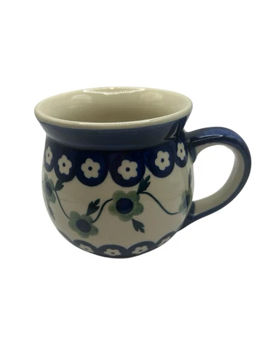 Polish Pottery Bubble Mug Boleslawiec Blue Green Vine Flower Ivy