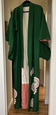Vintage c. 1940's Japanese Kimono Green Bold Hand Painted Floral Print