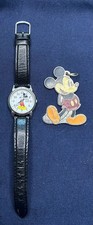 Watch Mickey Mouse with Black Leather Band, Water Resistant Bonus Pendant