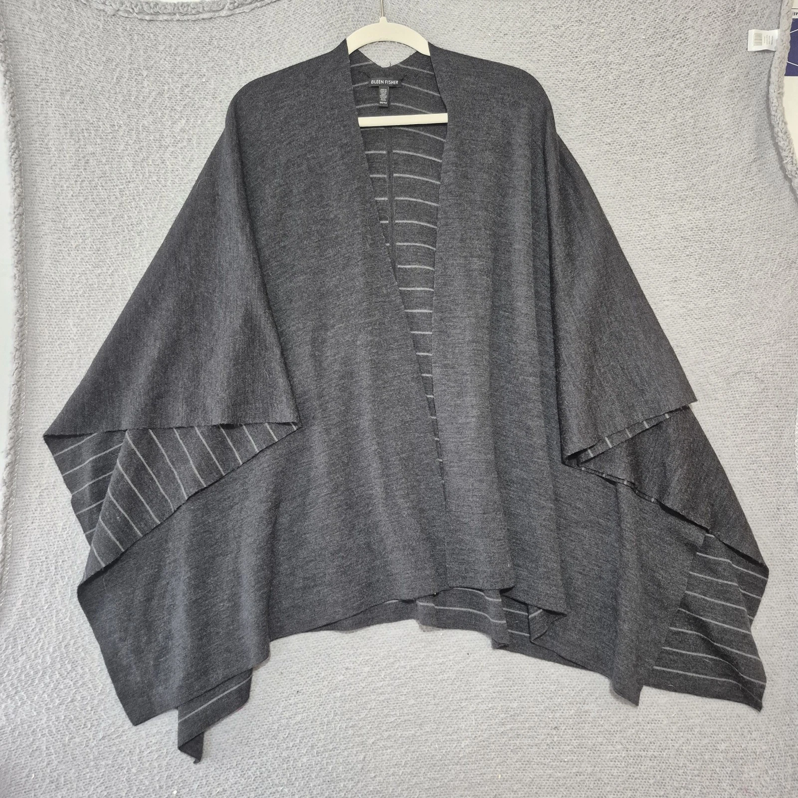 Eileen Fisher Womens OS Gray White Striped Poncho Wrap Shawl Merino Wool