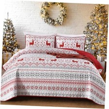 Christmas Quilt Set Queen Reversible Bedspread Queen 96" x 90" Grey Red