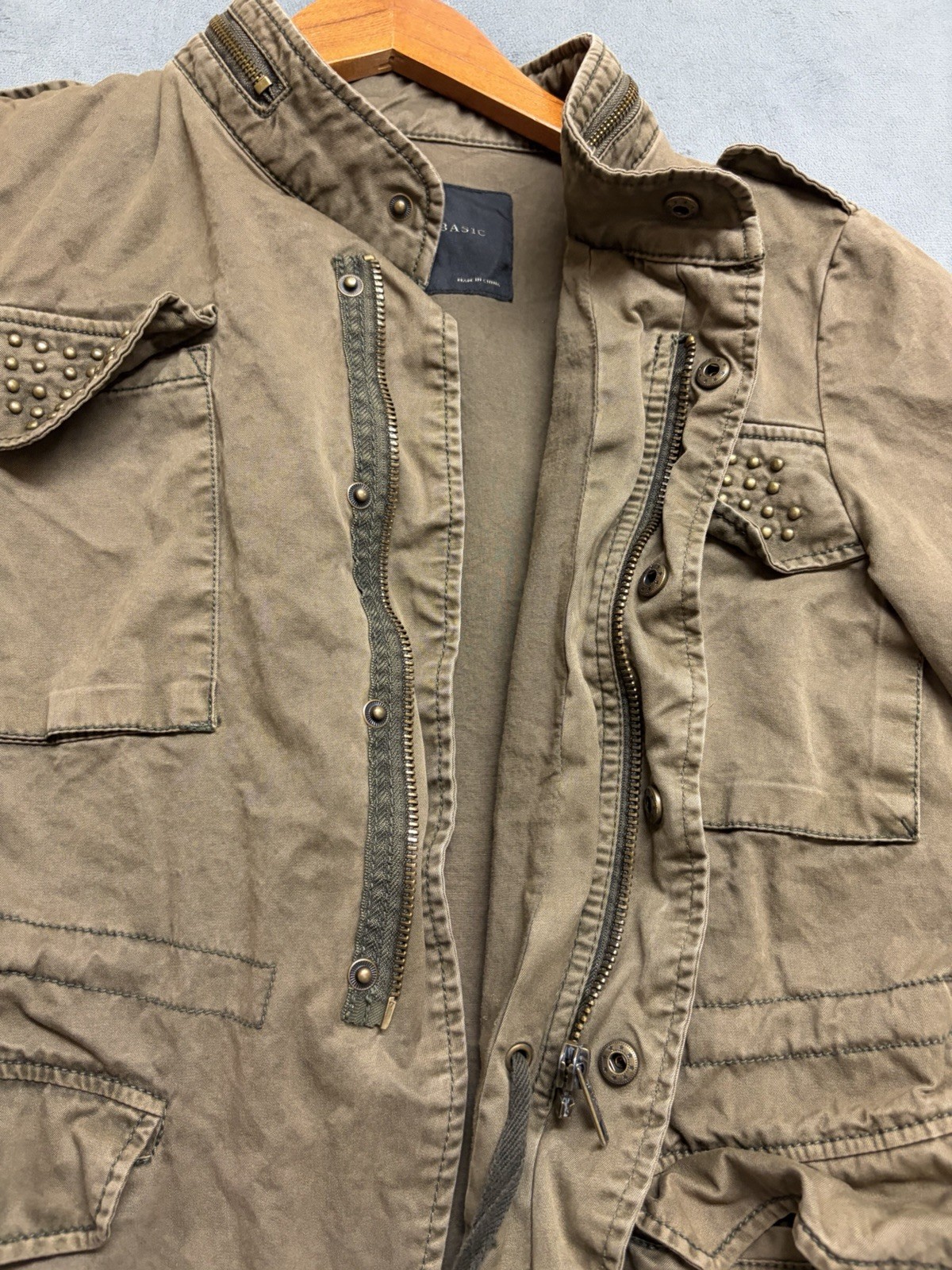 ZARA Basic Studded Military Utility Jacket Green … - image 13