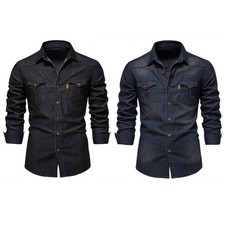 Casual Mens Denim Shirt Long Sleeve Button Down Slim Fit Cowboy Jean Work Shirts