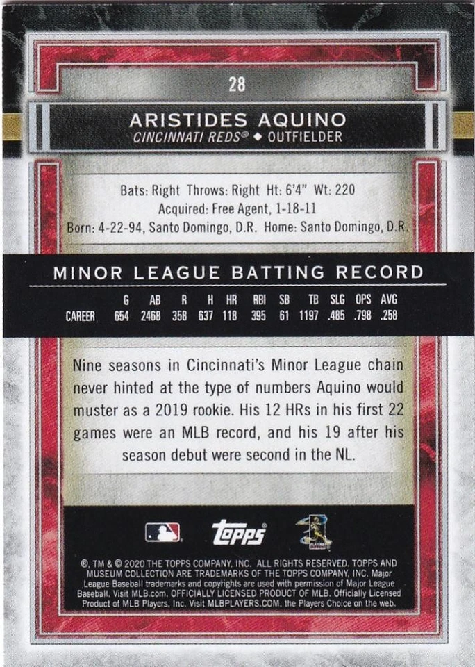 2020 Topps Museum Collection Aristides Aquino Cooper Reds Card - Image 2 of 2