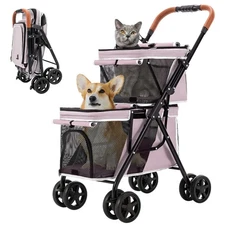 Double Pet Stroller for Dogs and Cats, One-Hand Folding Dog Stroller Travel C...