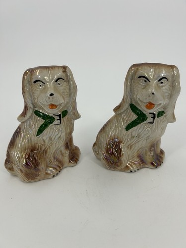 Pair Vintage Staffordshire Style King Charles lSpaniel Dog Figurines Lusterware