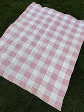 Pottery Barn Kids Cotton Pink / White Plaid Patchwork Quilt - Twin