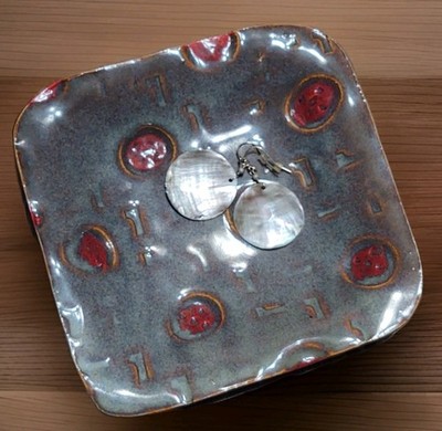 Handmade Studio Pottery Trinket Dish 5.25'' Square ARTIST SIGNED Brown Green Red