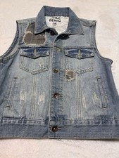 Woman's Agile Denim Distressed Denim Vest Size Medium Camp Patches Stone Wash