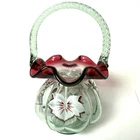 Fenton Hand Painted Rubina Verde Glass Basket Signed 1340/1750 Flowers 7.25”