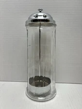 Vintage Gemco Glass Barber Comb Straw Holder Container Jar Chrome Metal Lid 11"