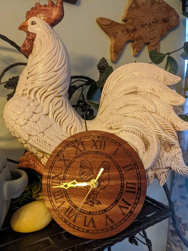 Chicken Clock Laser Etched on Red Mahogany - Picture 2 of 2