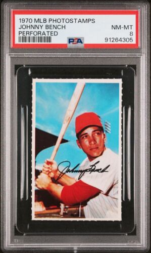 1970 Johnny Bench PSA 8 POP4 Rarest Vs 1968 Topps Rookie RC MLB Photostamps Card - Bild 2 von 3