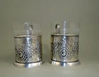 2 Vintage Russian Soviet Silver Plate Tea Cup Holders w/ Flowers and Glasses