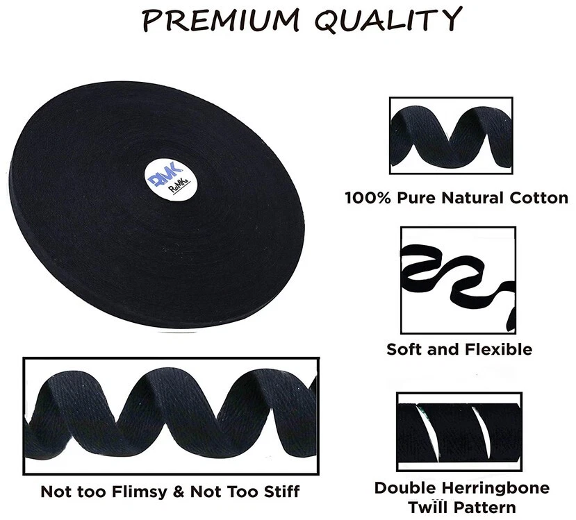 Cinta de sarga negra 100 % algodón puro RolMKa 50 yardas 1/2 pulgada suave Foto 2 de 4