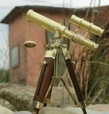 Brass Marine Double Barrel Telescope With Wooden Tripod Stand Nautical Gifts 9"