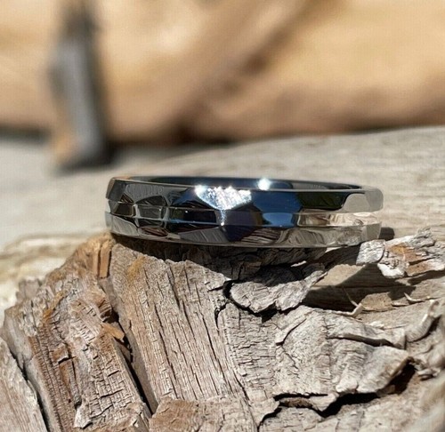 4 mm profilé à facettes/au sol titane, bague à rayures argent sterling, bracelet de mariage - Photo 3/7