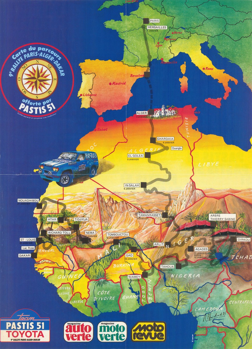 Pastis 51 Carte du parcours 9e rallye Paris-Dakar. Poster route