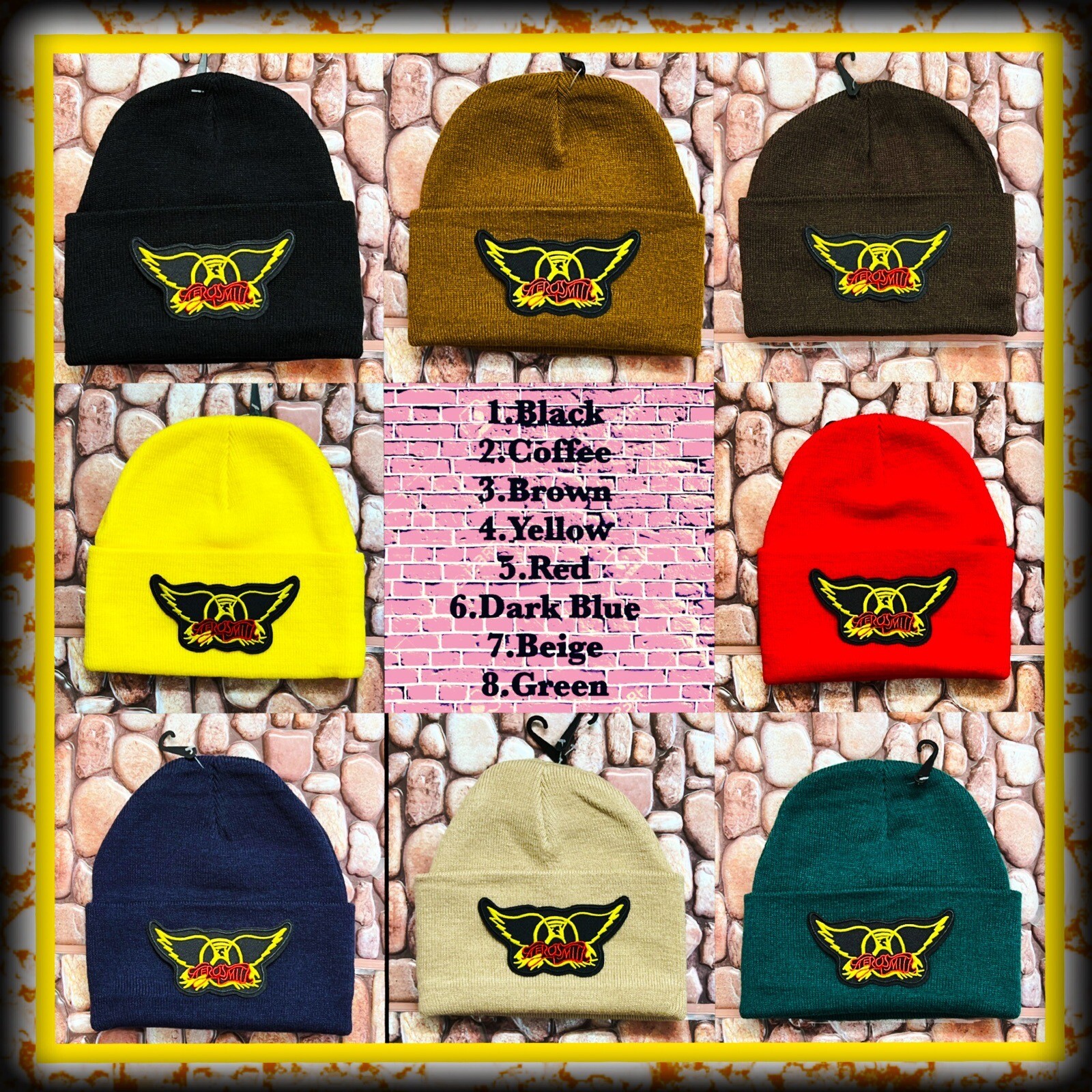 AEROSMITH BLACK ( OTHER COLORS) PATCHED BEANIE ➕ NECKLACE