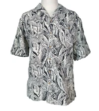 Scandia Woods Hawaiian Shirt men's large black white floral short sleeve