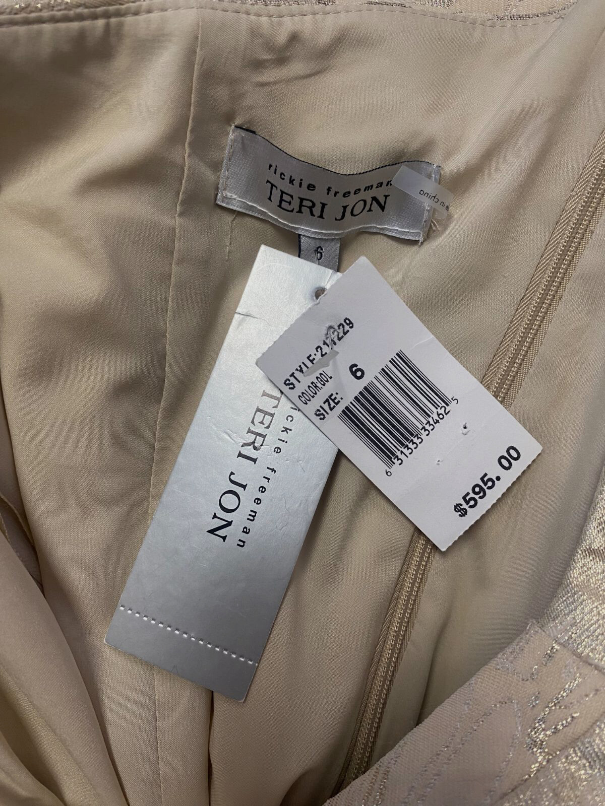 $595 Rickie Freeman by Teri Jon Women's Gold Metallic One-Shoulder Dress Size 6