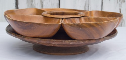 Vintage 70s Wood Lazy Susan 7 Piece Set Removable Serving Dishes 13.5 Inch - Picture 2 of 13