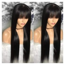 Perruque Naturelle Cheveux Humains A Frange Noir Lisse 20 POUCES Bonnet Coiffure