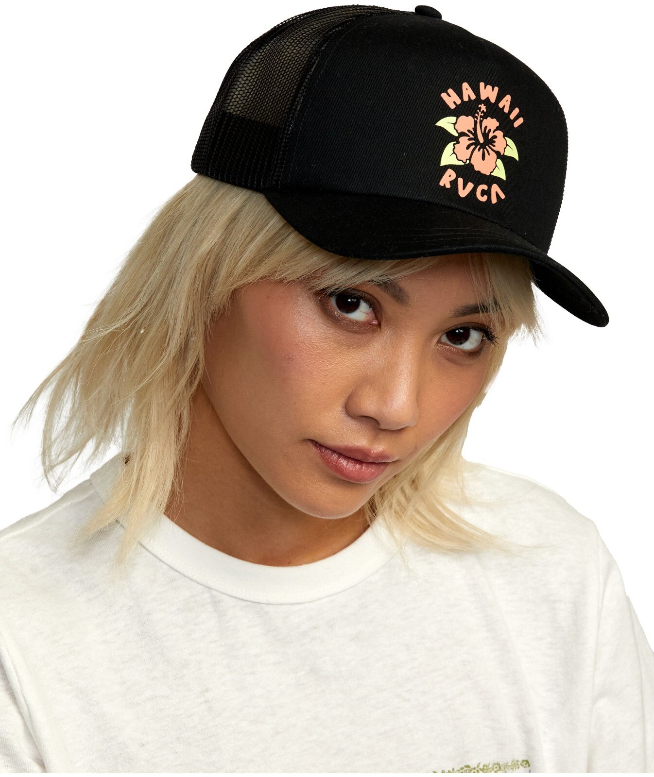 RVCA Women's Hibiscus Hawaii Foamy Trucker Hat Black